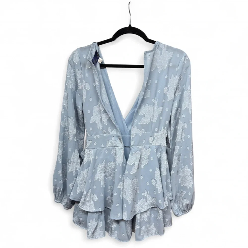 Blue Rain Floral Jacquard Long Sleeve Romper - Dusty Blue - Size Medium - Picture 10 of 10